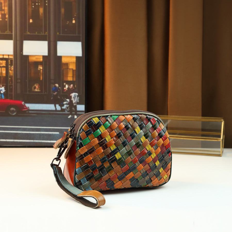Womens Fashionable Genuine Leather Woven Shoulder Crossbody Bag THRU7