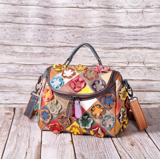 Full-grain Leather Handmade Floral Contrast-color Patchwork Tote Shoulder Bag THRU7