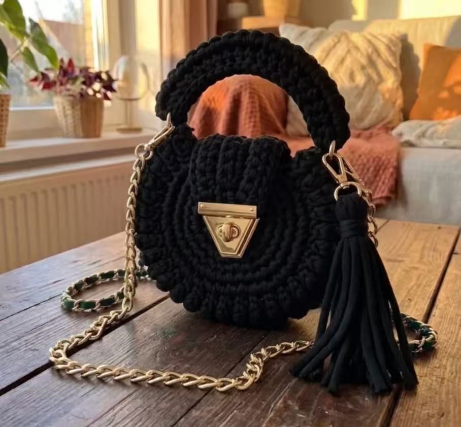 Bohemian Womens Solid-Colored Fabric-Strap Crochet Bag THRU7
