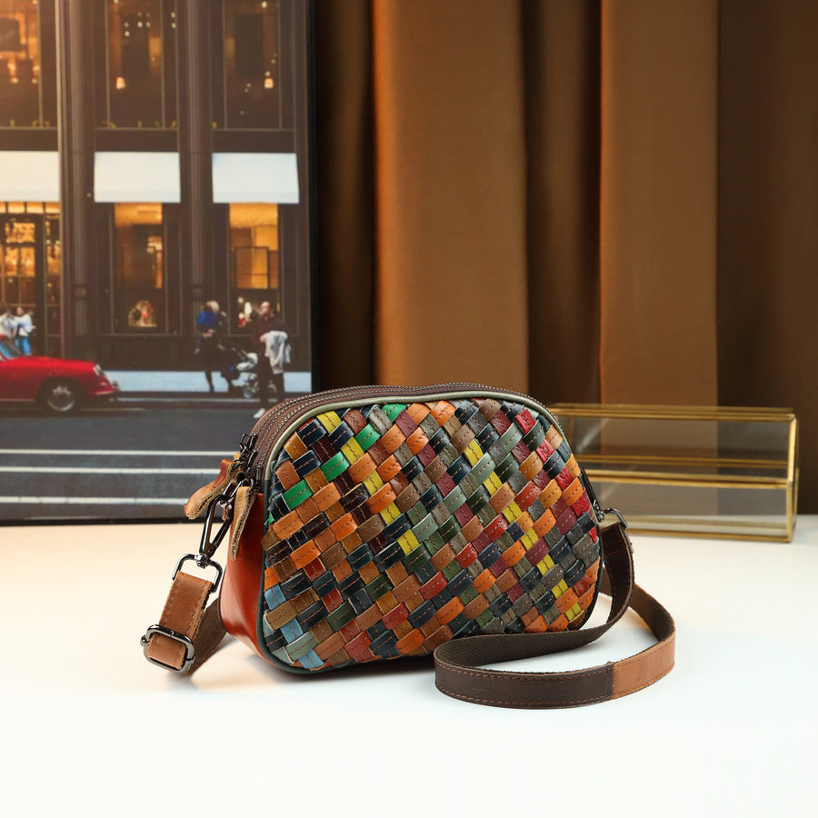 Womens Fashionable Genuine Leather Woven Shoulder Crossbody Bag THRU7