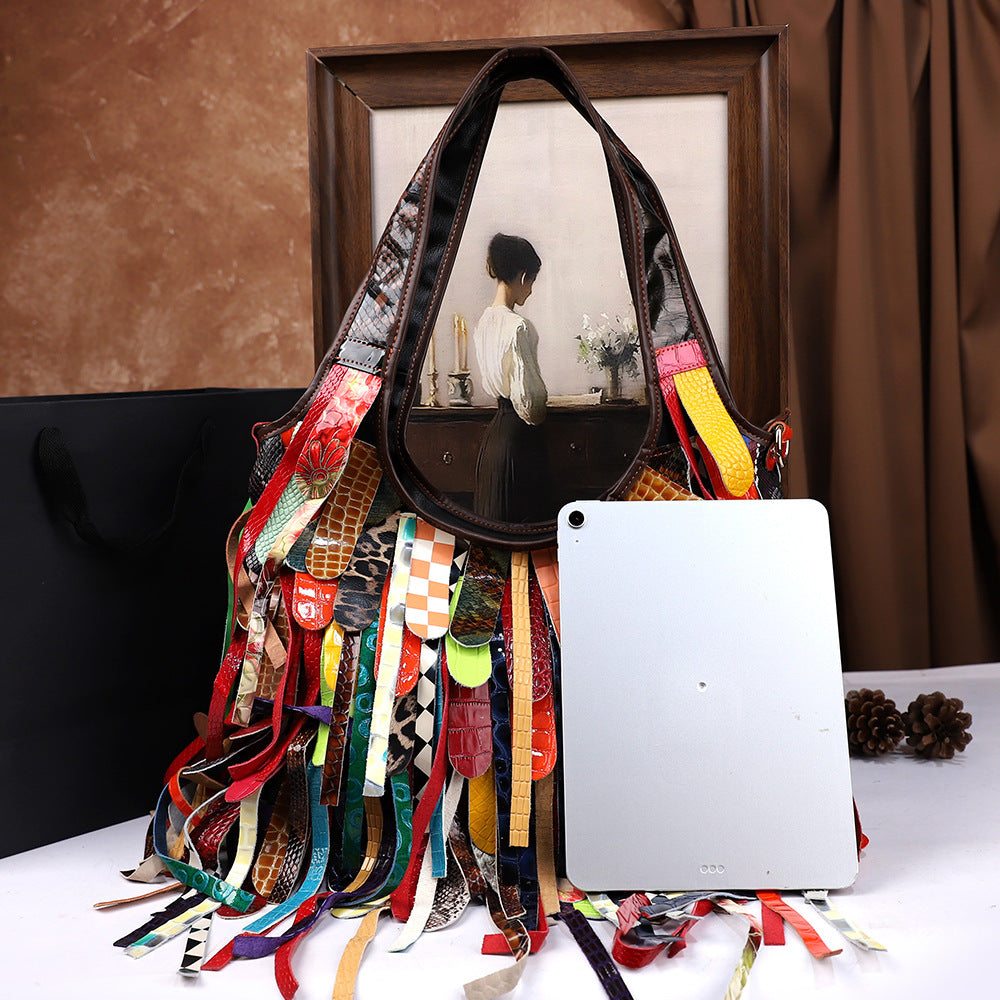 Tasseled Cowhide Tote Bag With Large Capacity And Crossbody Strap THRU7