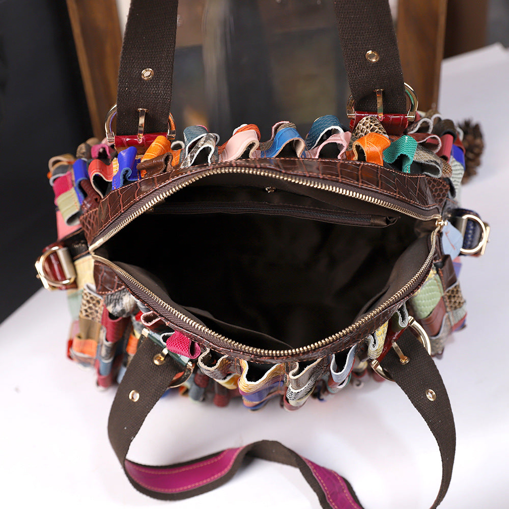Woven Large-Capacity Cowhide Shoulder Tote Bag For Women THRU7