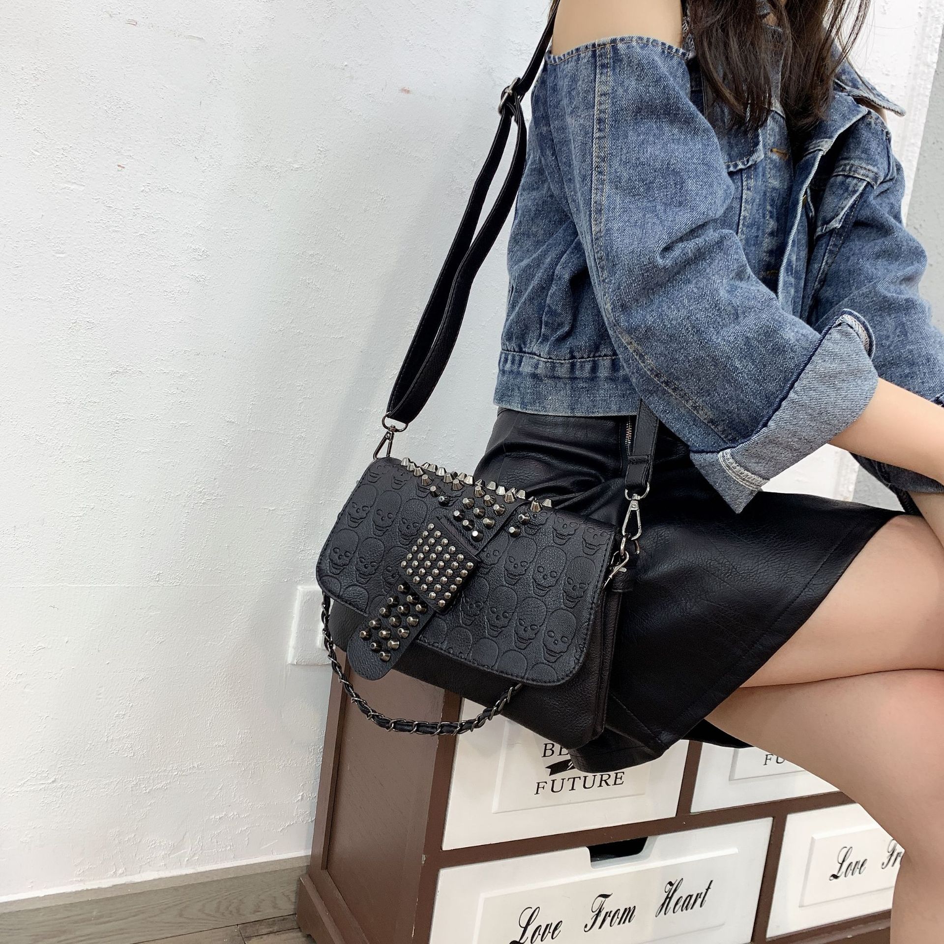 Womens Rivet Embossed Black Skull Shoulder Crossbody Bag THRU7