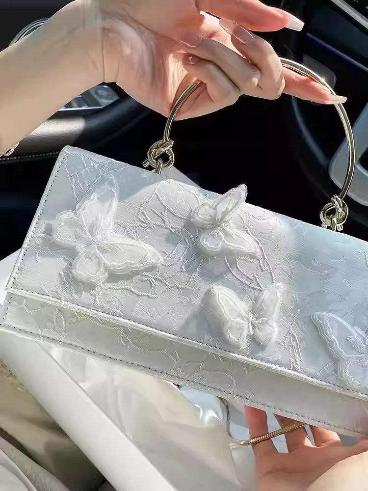 Niche Butterfly Love Flower White Small Square Bag Crossbody THRU7
