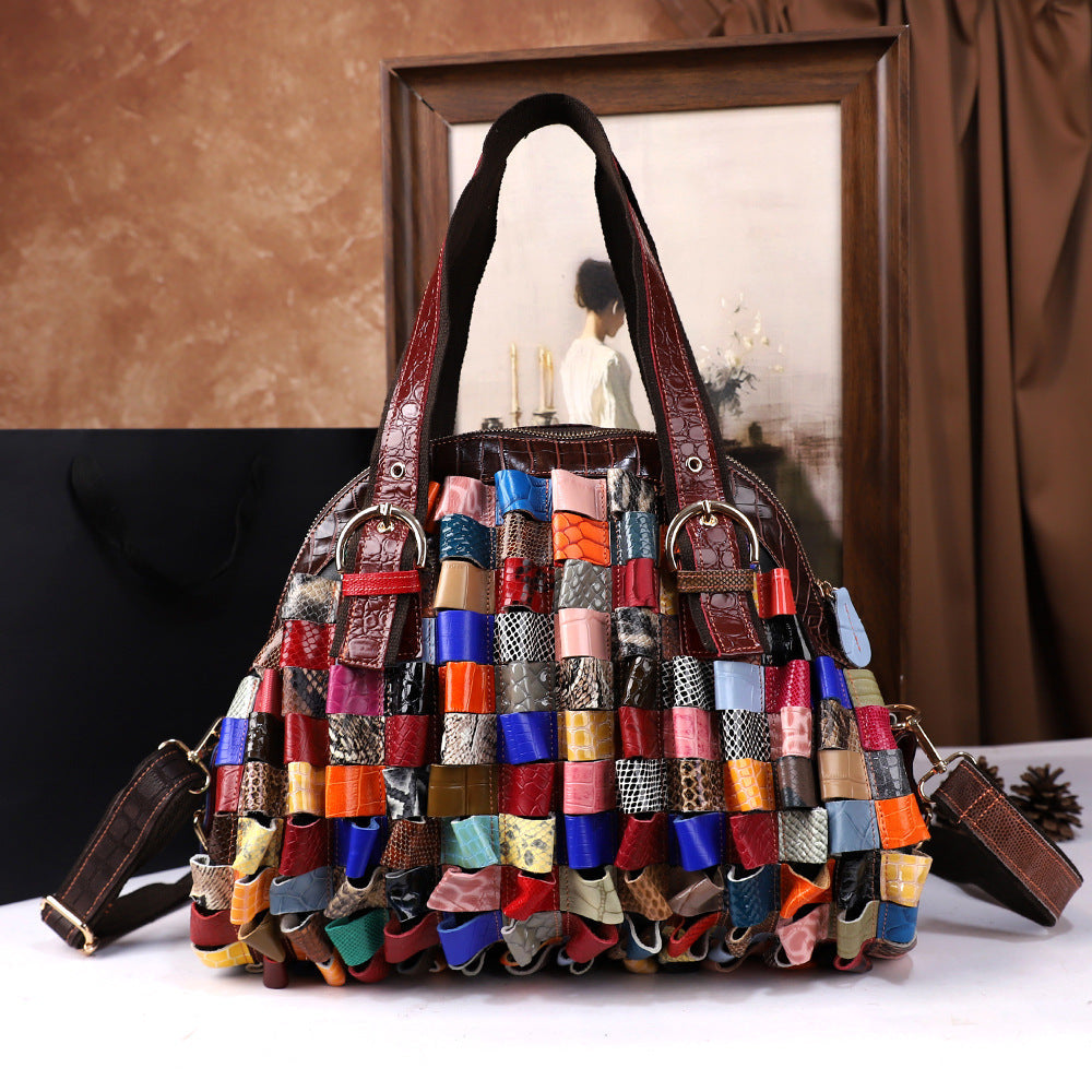 Woven Large-Capacity Cowhide Shoulder Tote Bag For Women THRU7