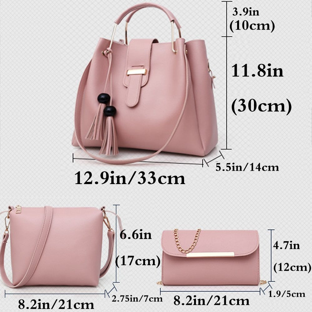 Womens Purse And Handbag 3Pcs Bag Set Tassel Tote Clutch Satchel Top Handle Shoulder Bag THRU7
