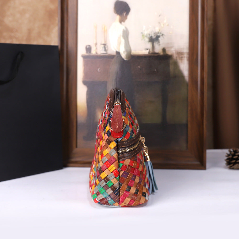 Womens First-Layer Colored Leather Shoulder Bag With Woven Design THRU7