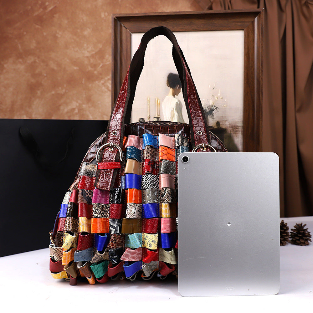 Woven Large-Capacity Cowhide Shoulder Tote Bag For Women THRU7
