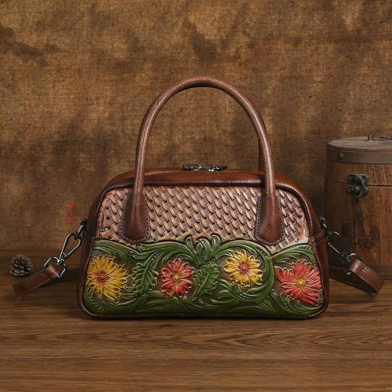 Retro Ethnic-style Full-grain Leather Shoulder Bag For Women THRU7