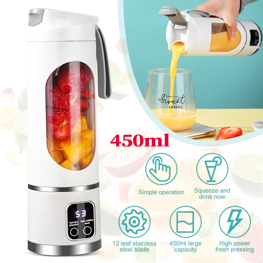 Portable USB Rechargeable Juicer Cup Electric Mixer Blender Smoothie Maker 450ml THRU7