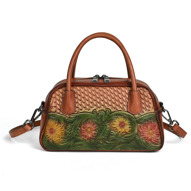 Retro Ethnic-style Full-grain Leather Shoulder Bag For Women THRU7