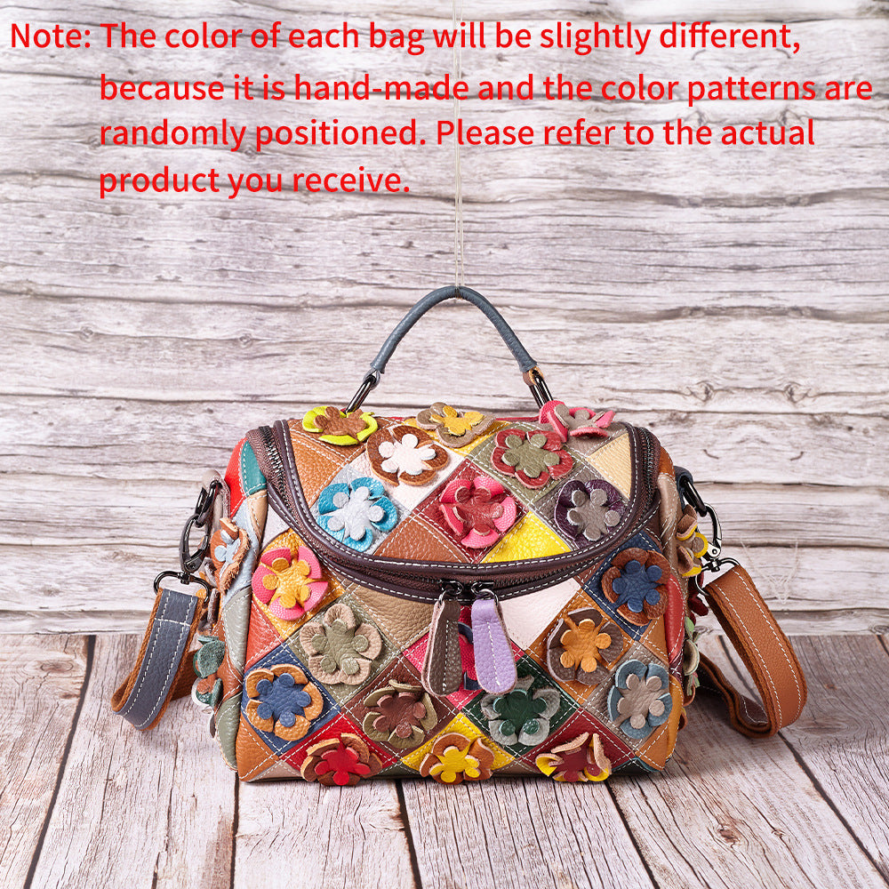 Full-grain Leather Handmade Floral Contrast-color Patchwork Tote Shoulder Bag THRU7