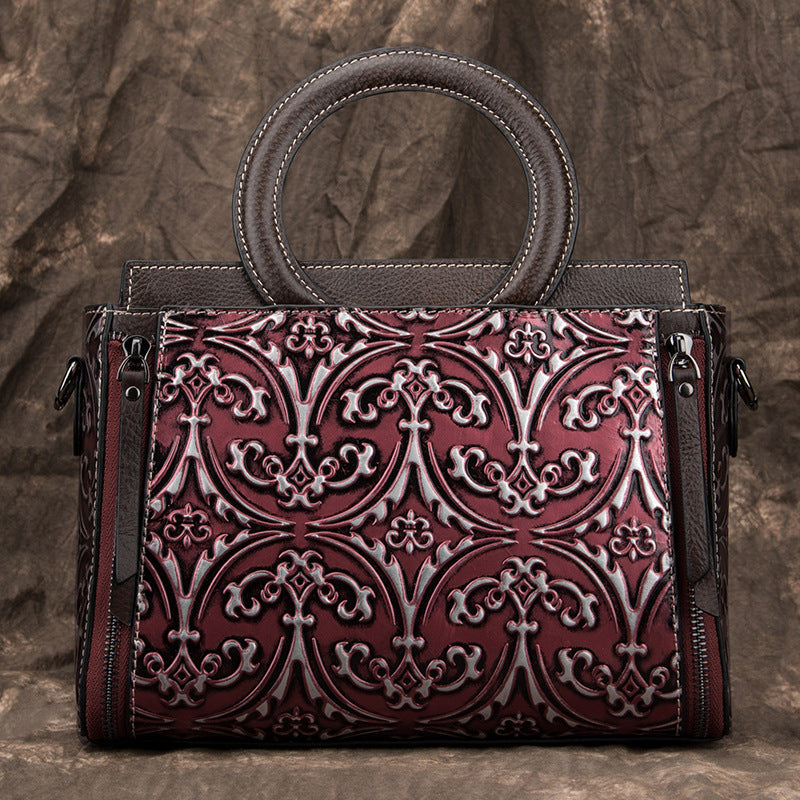 Retro First-Layer Cowhide Embossed Handbag Shoulder Crossbody Bag THRU7