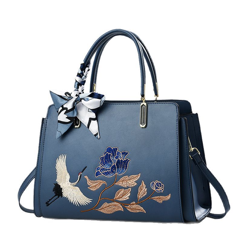 Womens New Chinese-Style National-Flair Embroidered Crane Fashion Crossbody Tote Bag THRU7