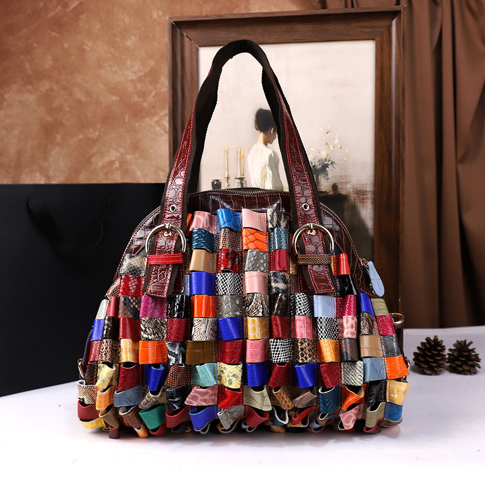Woven Large-Capacity Cowhide Shoulder Tote Bag For Women THRU7