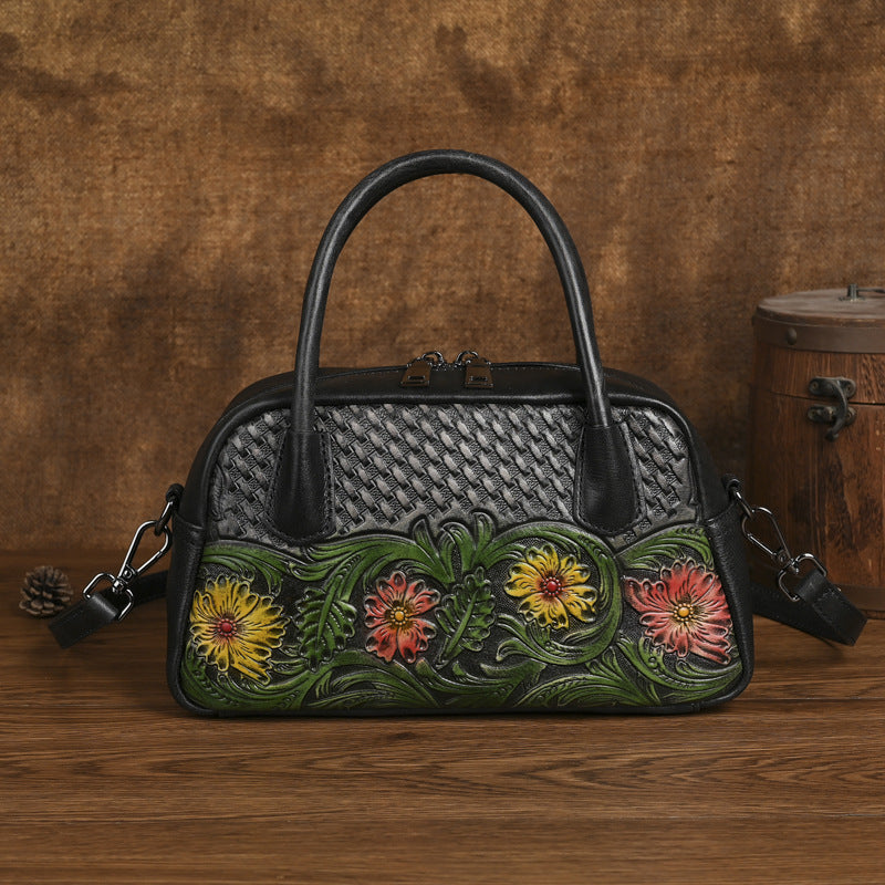 Retro Ethnic-style Full-grain Leather Shoulder Bag For Women THRU7