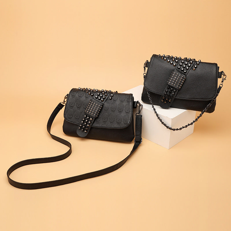 Womens Rivet Embossed Black Skull Shoulder Crossbody Bag THRU7