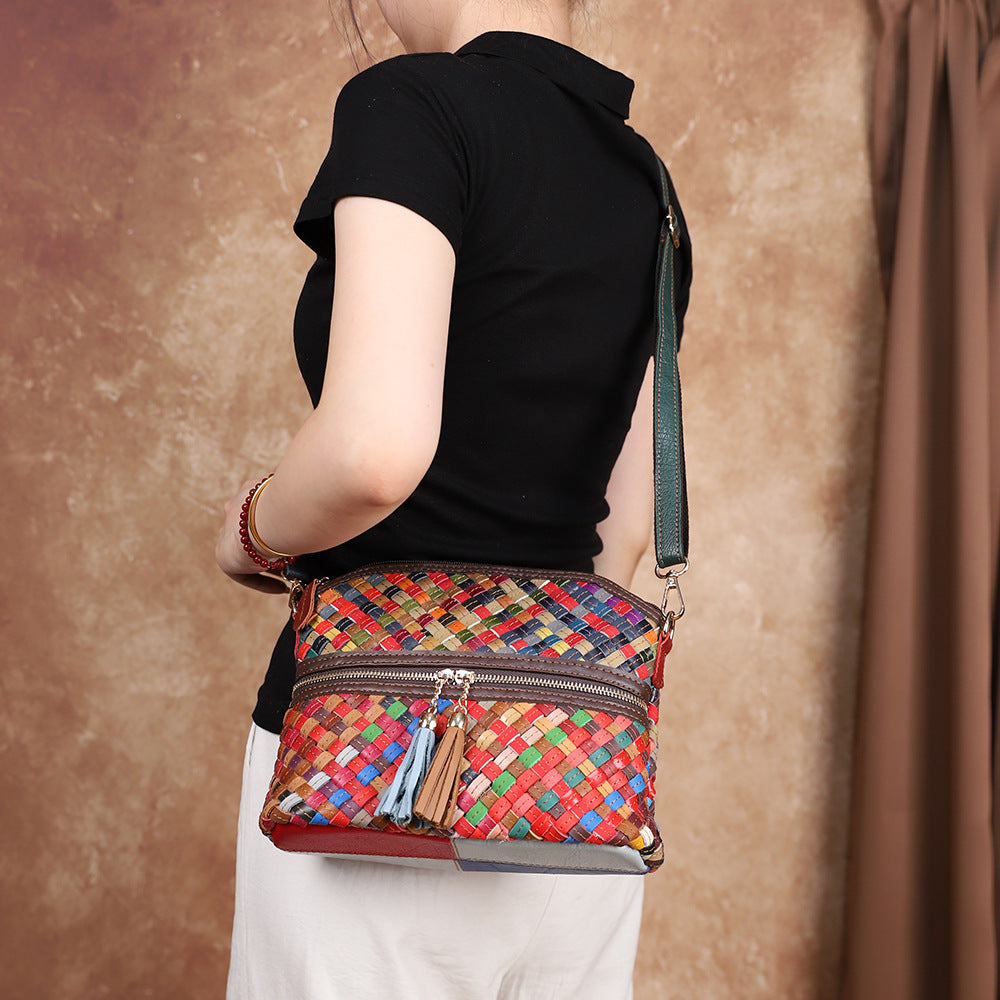 Womens First-Layer Colored Leather Shoulder Bag With Woven Design THRU7