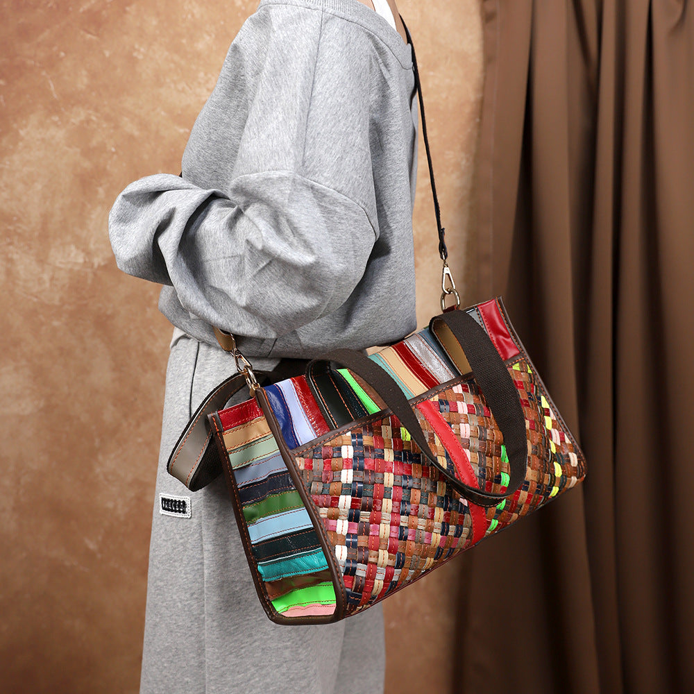 Vintage Womens Handheld Leather Patchwork Color-Blocked Woven Bag THRU7