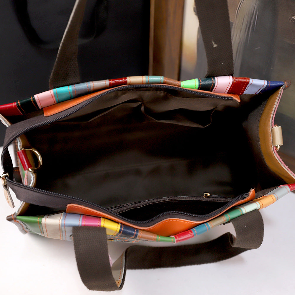 Vintage Womens Handheld Leather Patchwork Color-Blocked Woven Bag THRU7