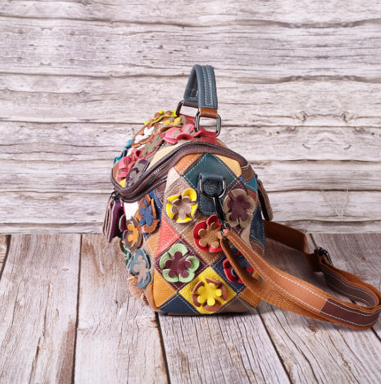 Full-grain Leather Handmade Floral Contrast-color Patchwork Tote Shoulder Bag THRU7