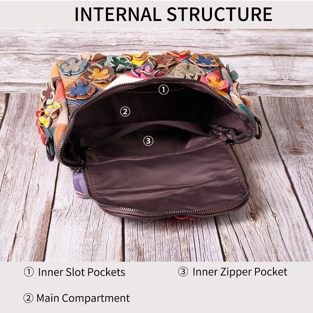 Full-grain Leather Handmade Floral Contrast-color Patchwork Tote Shoulder Bag THRU7