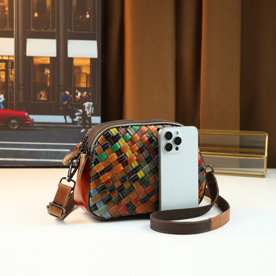Womens Fashionable Genuine Leather Woven Shoulder Crossbody Bag THRU7