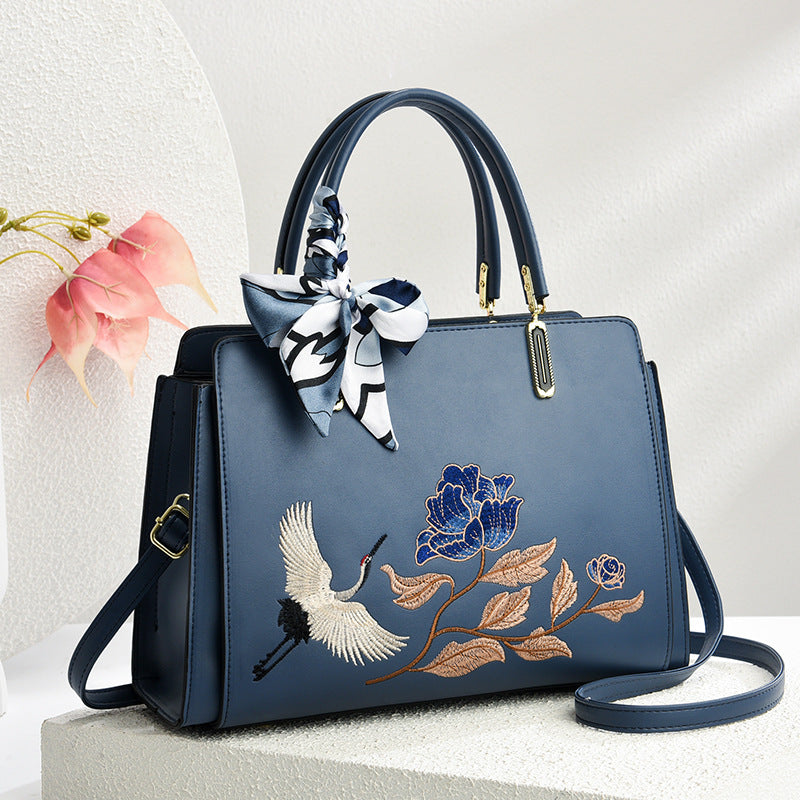 Womens New Chinese-Style National-Flair Embroidered Crane Fashion Crossbody Tote Bag THRU7