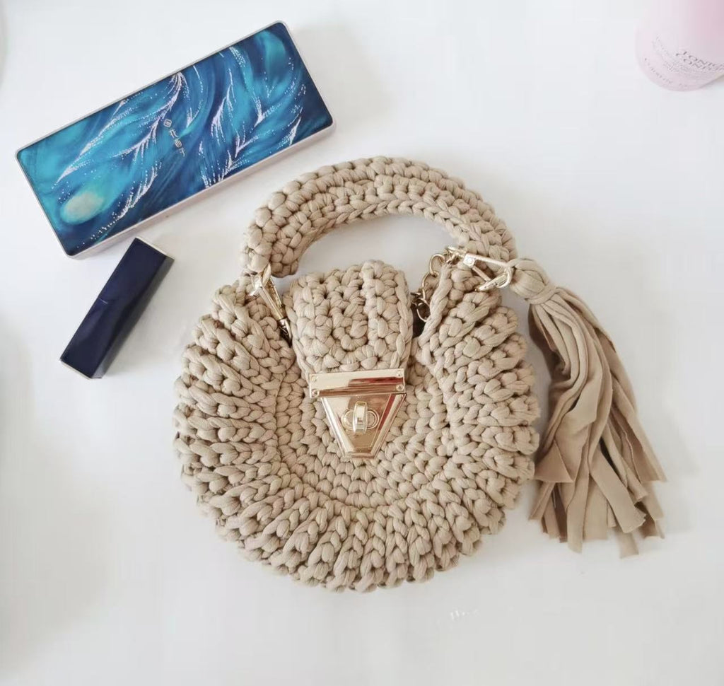 Bohemian Womens Solid-Colored Fabric-Strap Crochet Bag THRU7