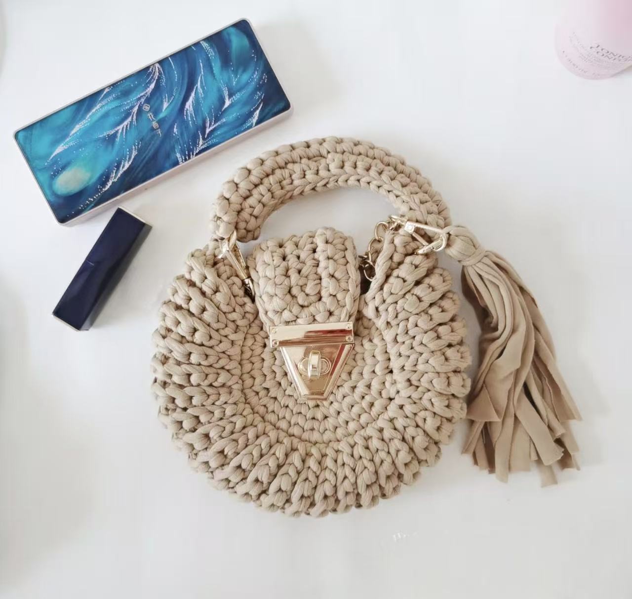 Bohemian Womens Solid-Colored Fabric-Strap Crochet Bag THRU7