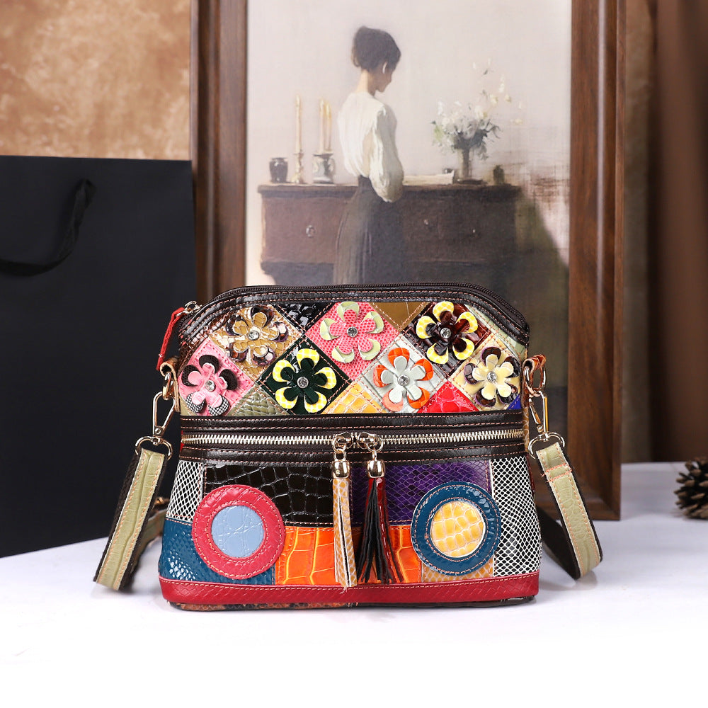 Womens First-Layer Colored Leather Shoulder Bag With Woven Design THRU7