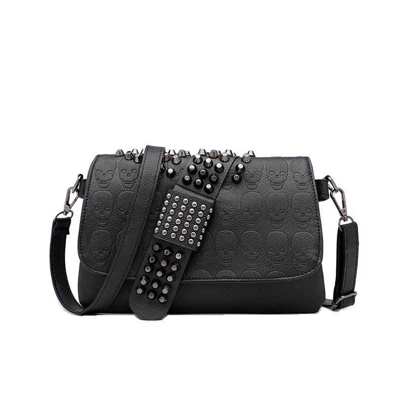 Womens Rivet Embossed Black Skull Shoulder Crossbody Bag THRU7