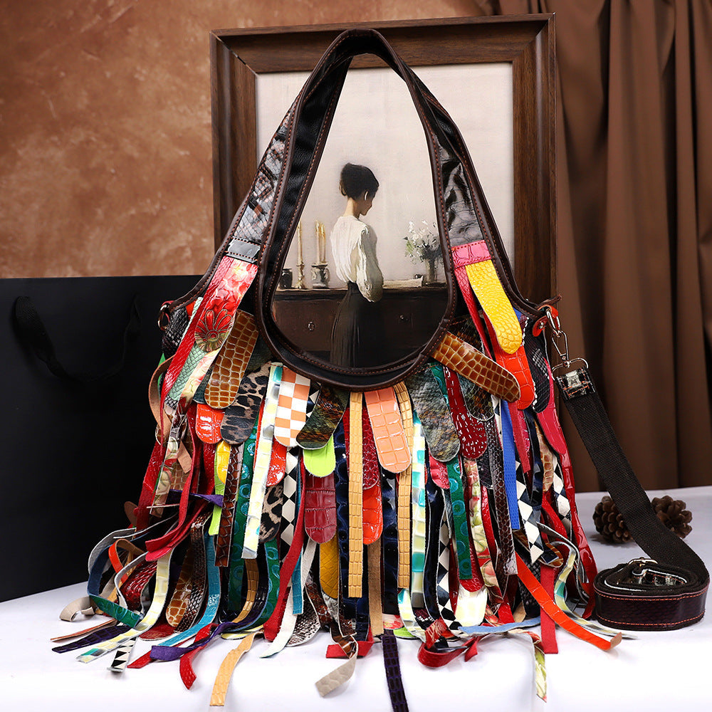 Tasseled Cowhide Tote Bag With Large Capacity And Crossbody Strap THRU7