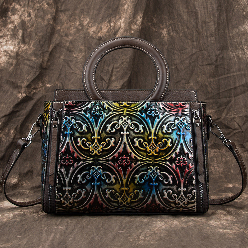 Retro First-Layer Cowhide Embossed Handbag Shoulder Crossbody Bag THRU7