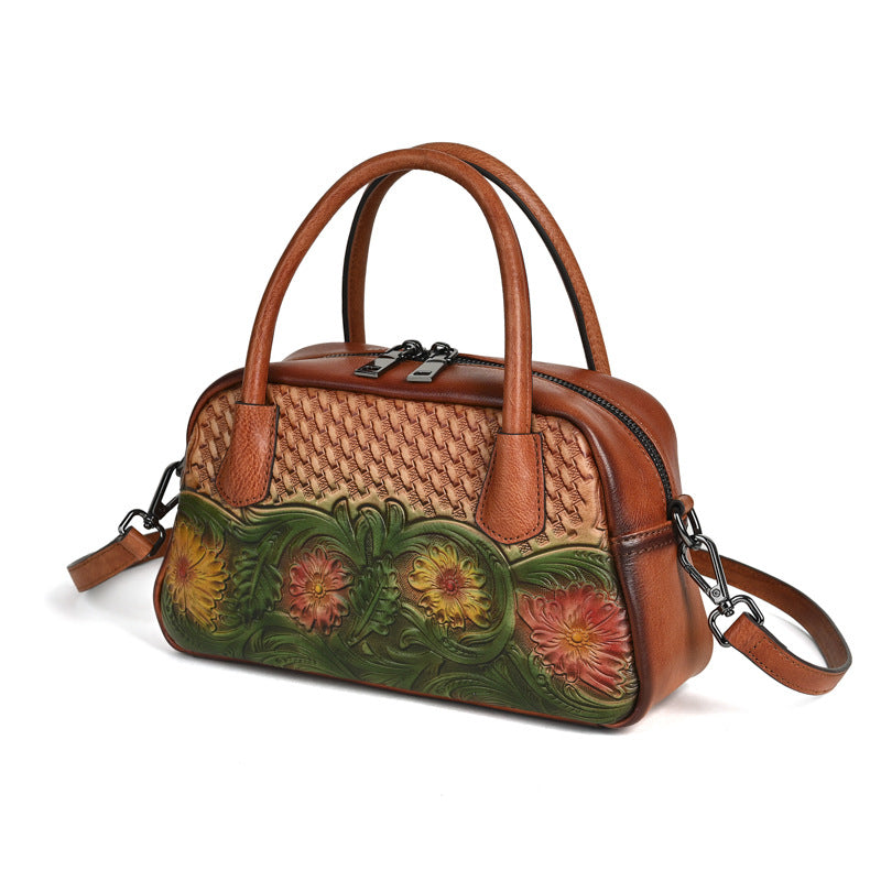 Retro Ethnic-style Full-grain Leather Shoulder Bag For Women THRU7