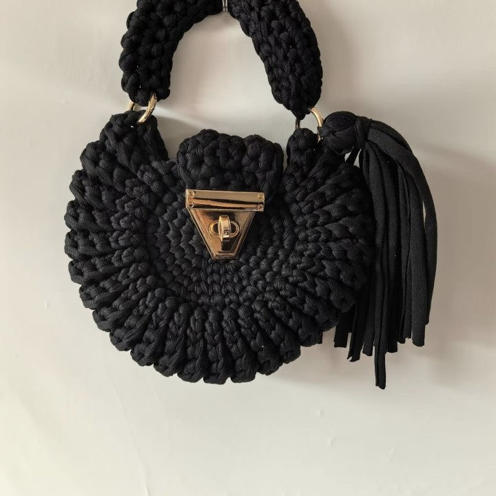 Bohemian Womens Solid-Colored Fabric-Strap Crochet Bag THRU7