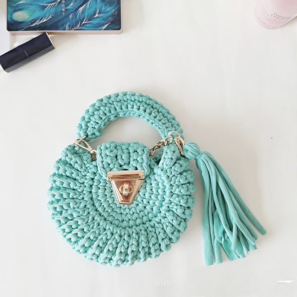 Bohemian Womens Solid-Colored Fabric-Strap Crochet Bag THRU7