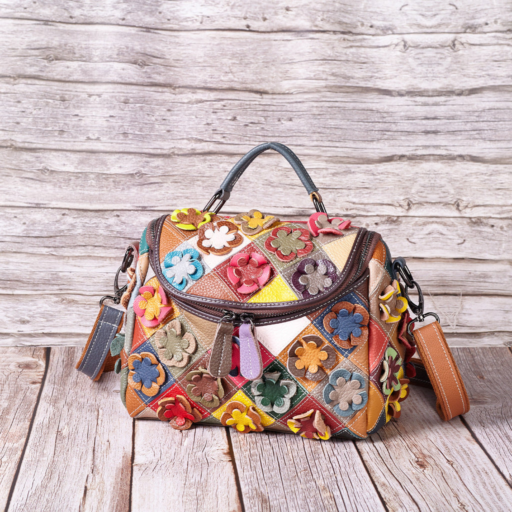 Full-grain Leather Handmade Floral Contrast-color Patchwork Tote Shoulder Bag THRU7