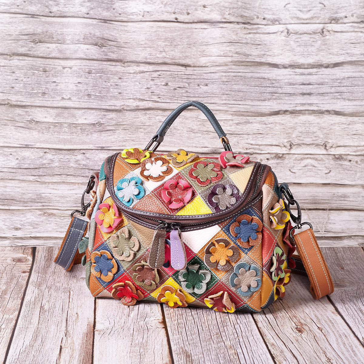 Full-grain Leather Handmade Floral Contrast-color Patchwork Tote Shoulder Bag THRU7