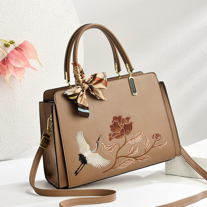 Womens New Chinese-Style National-Flair Embroidered Crane Fashion Crossbody Tote Bag THRU7