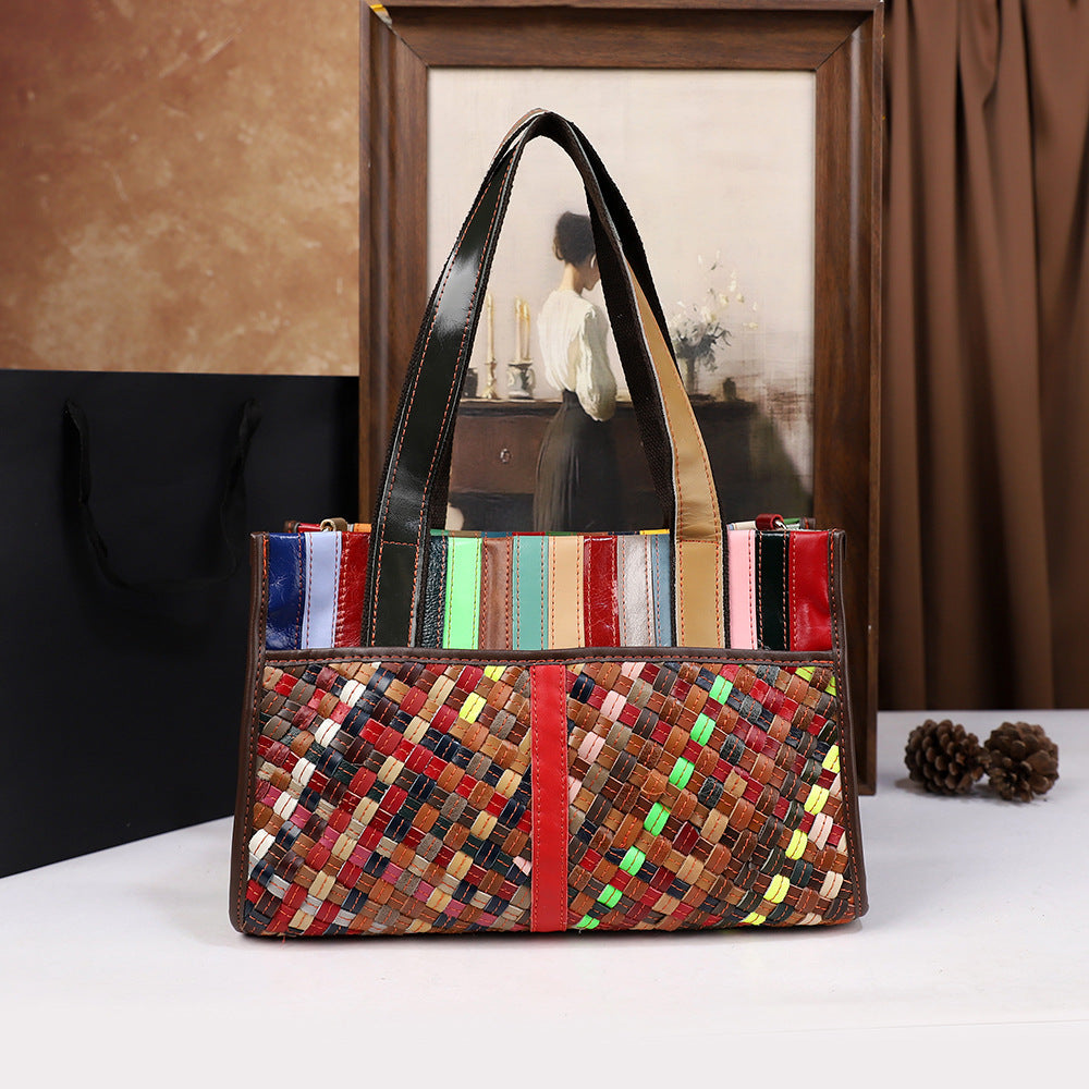 Vintage Womens Handheld Leather Patchwork Color-Blocked Woven Bag THRU7