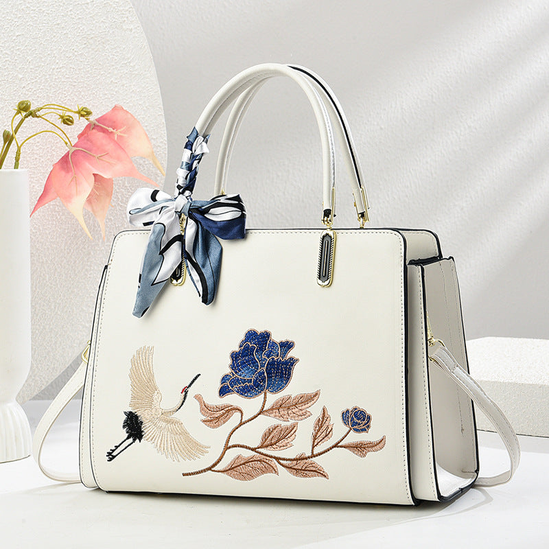 Womens New Chinese-Style National-Flair Embroidered Crane Fashion Crossbody Tote Bag THRU7
