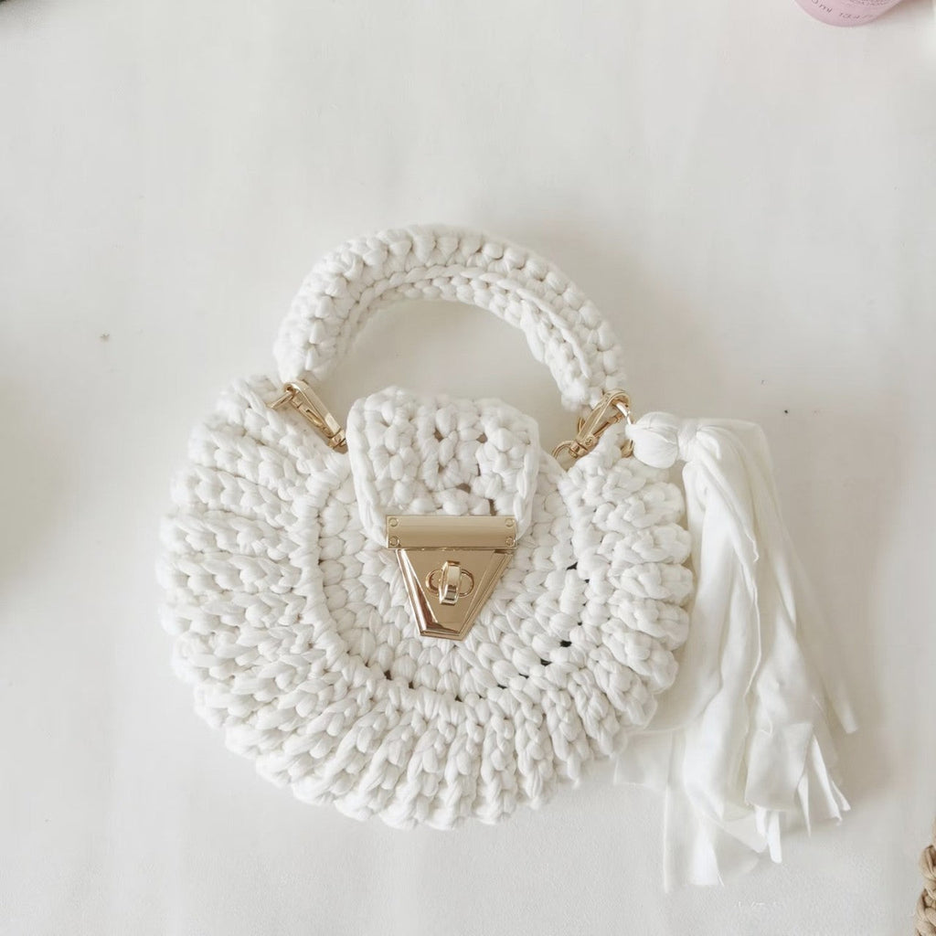 Bohemian Womens Solid-Colored Fabric-Strap Crochet Bag THRU7