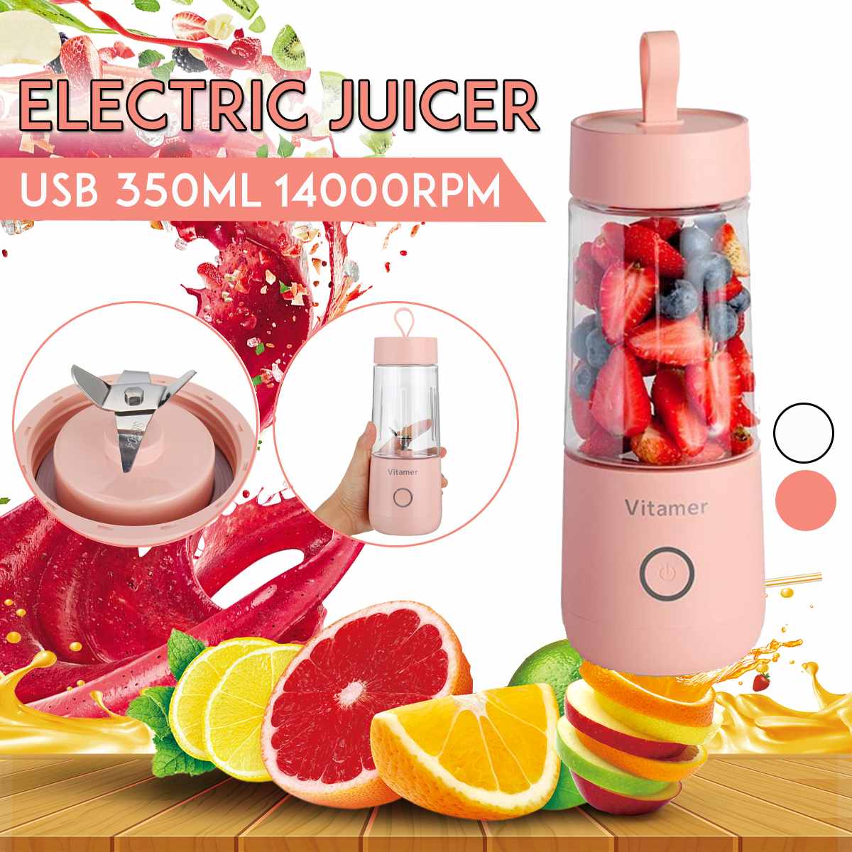 350ml Portable Blender Juicer Electric USB Rechargeable Mixer Smoothie Slushy Cup Juice Blender Bottle USB Charging Kitchen Gadgets THRU7