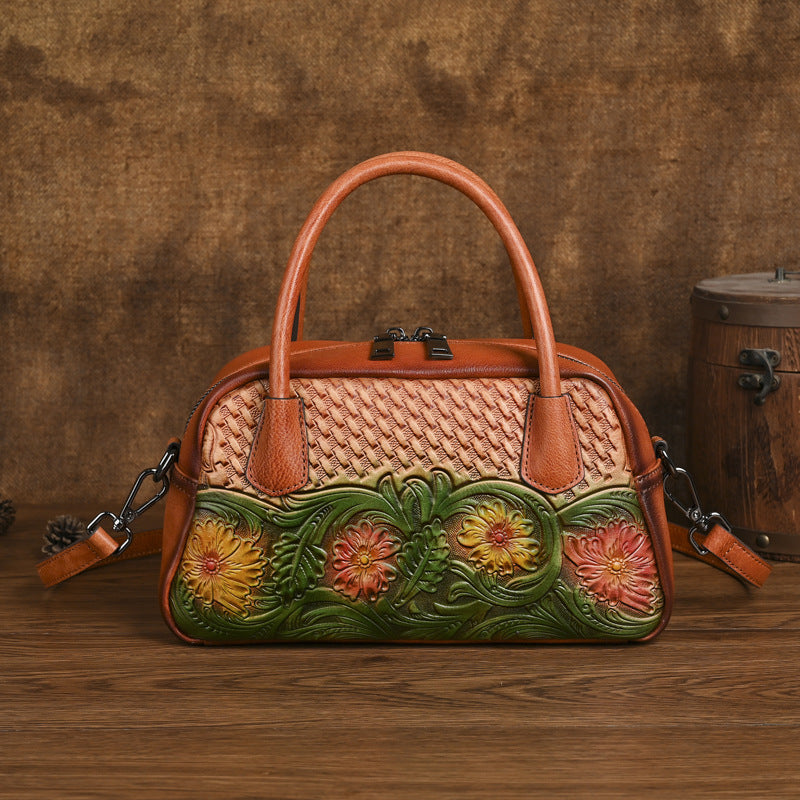 Retro Ethnic-style Full-grain Leather Shoulder Bag For Women THRU7
