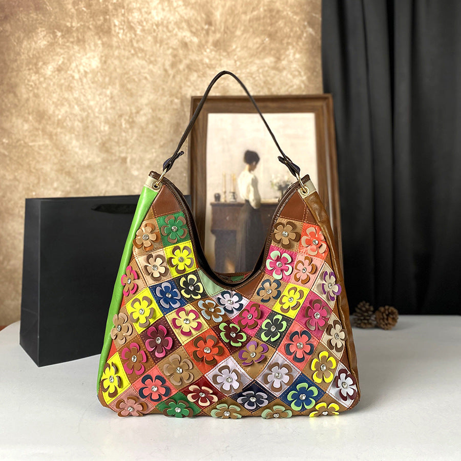 Womens Large-Capacity Bag Made From Color-Blocked First-Layer Cowhide Leather THRU7