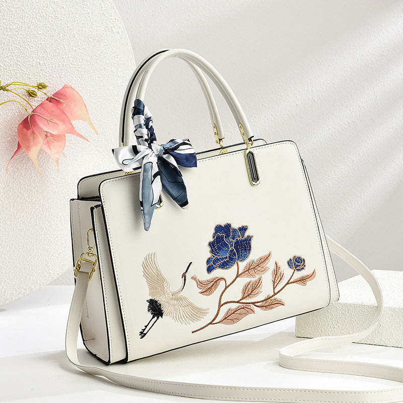 Womens New Chinese-Style National-Flair Embroidered Crane Fashion Crossbody Tote Bag THRU7