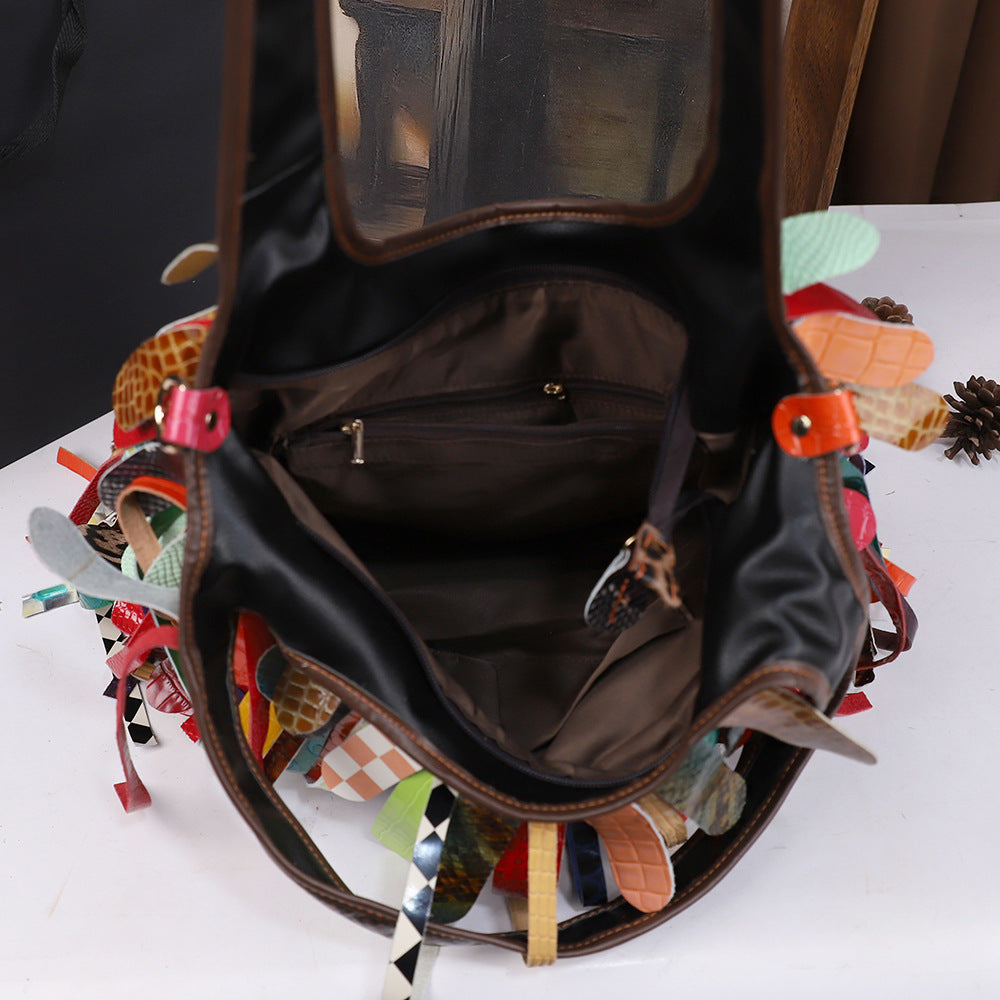 Tasseled Cowhide Tote Bag With Large Capacity And Crossbody Strap THRU7