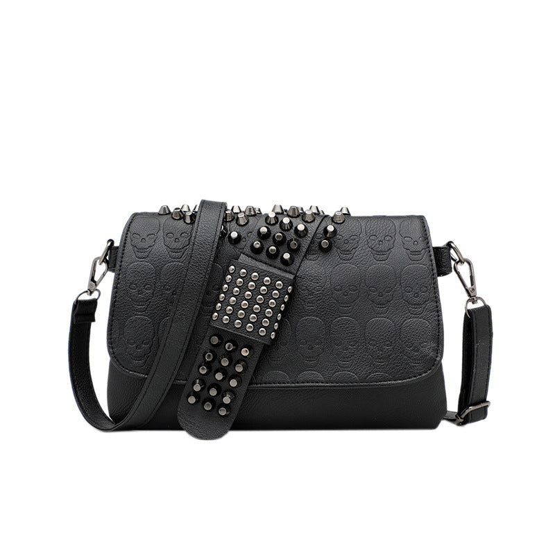Womens Rivet Embossed Black Skull Shoulder Crossbody Bag THRU7