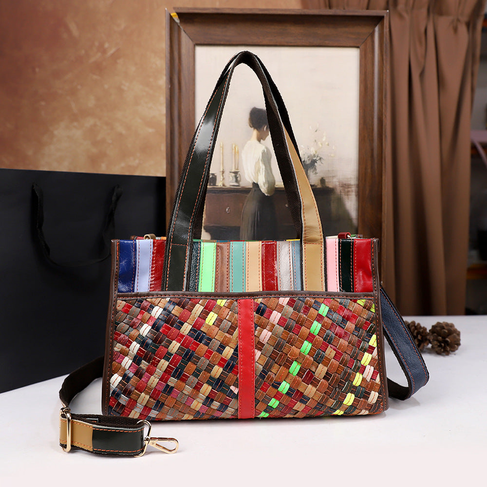 Vintage Womens Handheld Leather Patchwork Color-Blocked Woven Bag THRU7